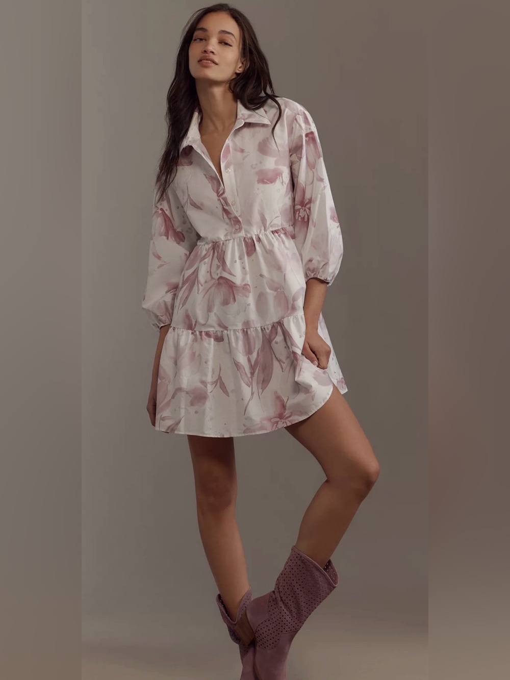 Anthropologie White and Dusty Pink Floral Mini Dress